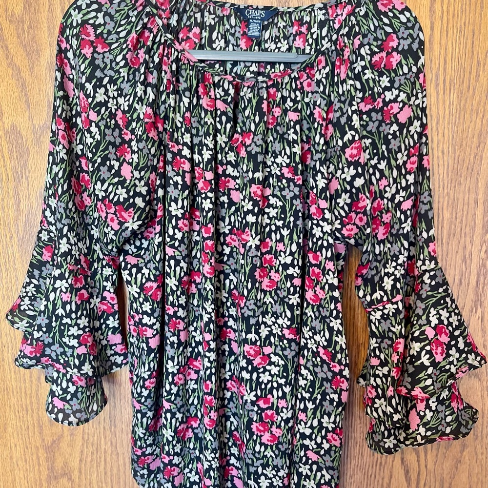 Chaps Black and Pink Bell Sleeve Blouse with Ruffled Pleats